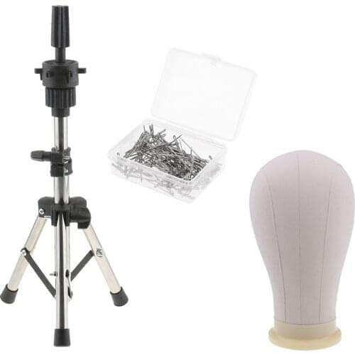 22inch Block Cork Mannequin Head Training Manikin for Wigs Practice Hat Display with Tripod Stand & T Pins Wig Head Stand