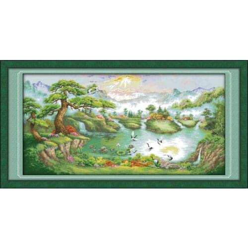 Embroidery Needlework Cross Stitch Kit Cranes Dance In The Pine Peak Stamped Pattern 11CT 14CT Printed Counted Thread Home Decor