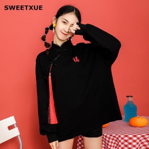 SWEETXUE 2019 Autumn Winter New Embroidery tassel Long Sleeve Sweatshirts Women Fashion Chinese Style Solid Casual Long Tops