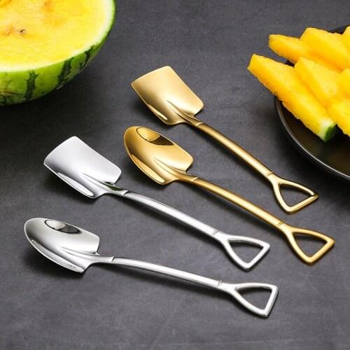 New Stainless Steel Iron Shovel Spoon Coffee Ice Cream Spoon Engineering Shovel Retro Cute Square Head Spoon Kitchen Gadget