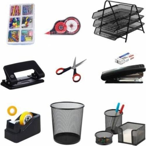 13 piece Office Set + 119 Piece Paper Clip Set + Puncher-Tape Cutter-Correction-Band-Stapler set
