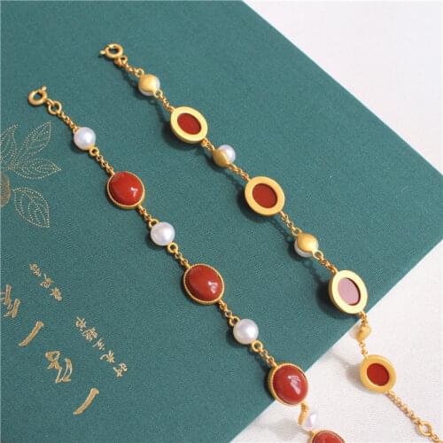 Natural South Red Agate Bracelet S925 Sterling Silver Oval Pearl Hetian Jade Bracelet Elegant Fashion Simple Jewelry Women