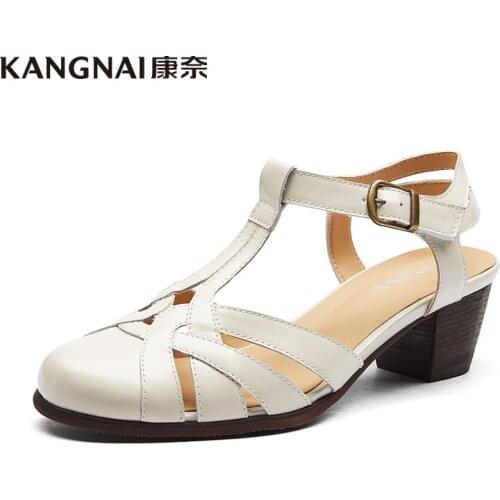KANGNAI Gladiator Sandals Women Cow Leather Cover Toe Roman T-Strap Pumps Ladies Retro Summer Shoes