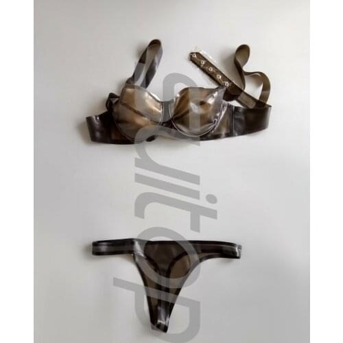 Sexy rubber latex underclothes suit (bra+thong) in transparent black and black trim size custom made