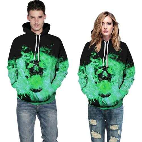 Hollween Women Men Loose Hoodies Skull Ice Fire Heart Skeleton Punk Style Hooded Sweatshirts With Pocket Casual Pullover Clothes
