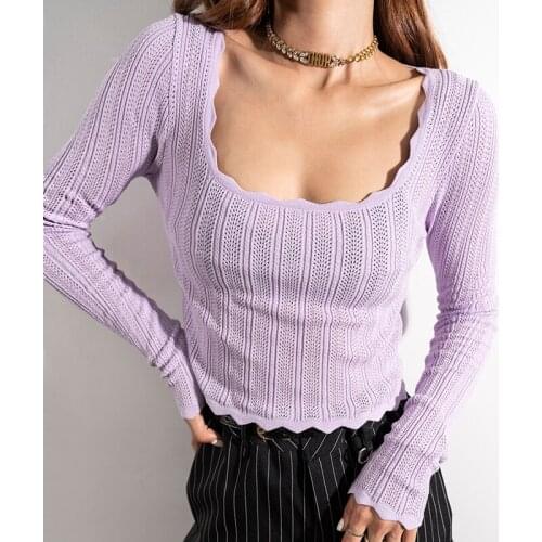 TVVOVVIN Women Scoop Neck Open Stitch Jumper In Fine Knit Rib With Wave Trim Sexy Knit Top sweater hot sexy korean women MOK0