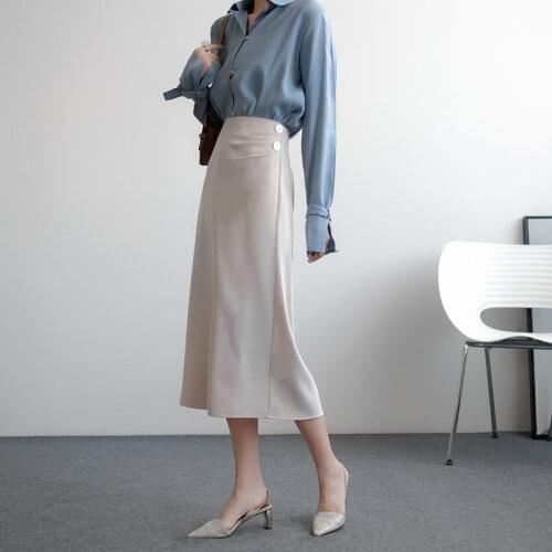 2021 Vintage Solid A-line Mid-calf Length High Waist Skirt For Women Female Summer Elegant Office Lady Skirt