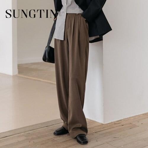 Sungtin Korea Office Lady Blazer Pants Women Casual High Waist Wide Leg Pants Suit Loose Straight Trousers Chic OL 3 Colors 2021