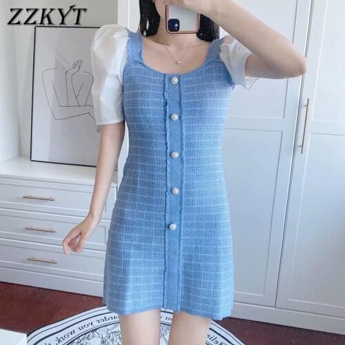 ZZKYT 2021 Women Summer Vintage Button Patchwork Mini Dress Fashion Square Collar lantern Sleeve Party Female Dresses Vestidos