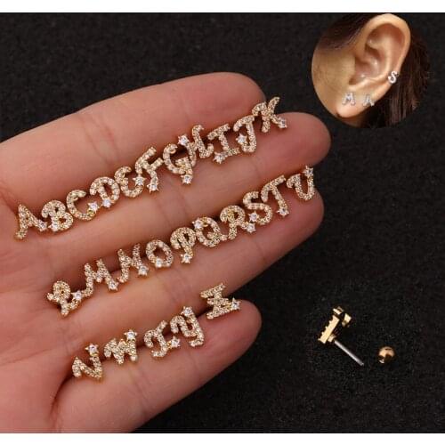 1pc Stainles Steel Barbell CZ 26 English Letters Cartilage Earrings Helix Tragus Stud Earring Ear Piercing Jewelry