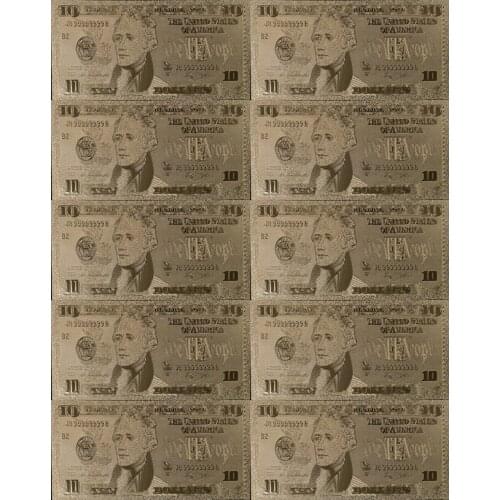 10pcs/lot 24k Gold Banknote Dollar Colorful Bills Plated Fake Money 10 Dollar Currency Bank Notes Business Gift