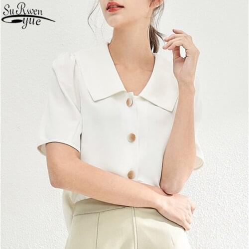 2021 Summer New French Vintage Womans Blouses Solid Loose Short Sleeve Chiffon Blouse Slim Single-Breasted Top Female 10287