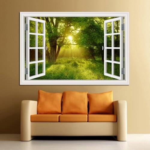 Forest 3D Window Wall Sticker Landscape Wall vinyl art Removable Bedroom Green Golden Leaves Forest kitchen Wallpaper Sticker