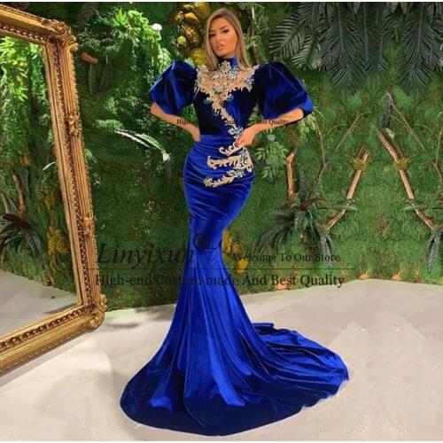 Arabic Evening Dresses Gold Appliques Beaded Velvet Mermaid Prom Gown Blue Celebrity Party Dress vestido de fiesta largo