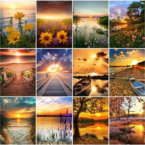 AZQSD Diamond Embroidery Lake Cross Stitch Needlework Full Drill Diamond Painting Sunset Landscape Mosaic Rhinestone Home Decor