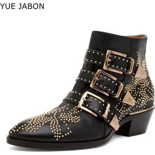 Susanna Studded Real Leather Ankle Boots Women Autumn Winter Round Toe Buckle Strap Shoes Woman Motorcycle Square Heel Botas