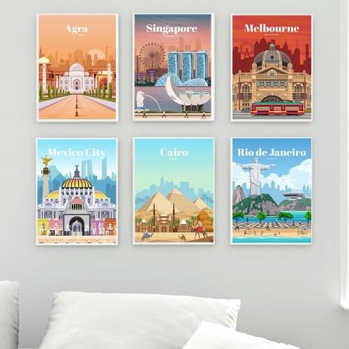 Cartoon City Travel Landscape Poster Melbourne Singapore Mexico Canvas Painting Nordic Wall Art Prints Picture Living Room Decor