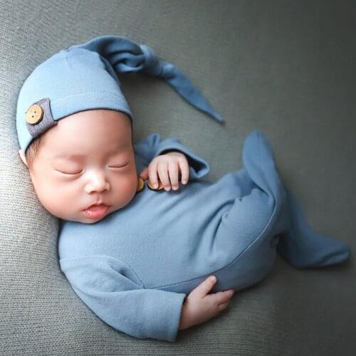 Newborn Romper and Bonnet Photography Props Sewing Baby Sleep Hat Footed Romper Outfit Photo Props Overall