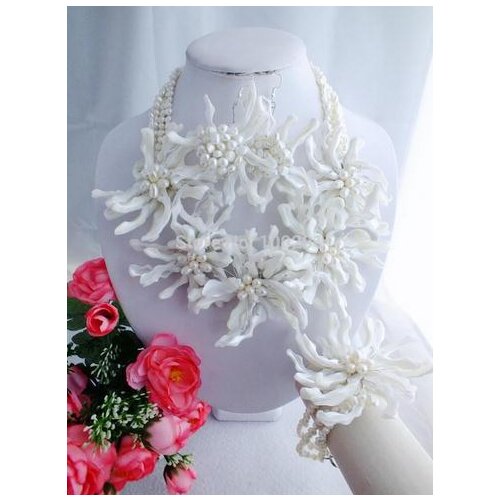 Wedding Flower Jewelry Set Fashion Beauiful Freshwater Pearl Shell Flower Necklace Bracelet Earrings Free Shipping