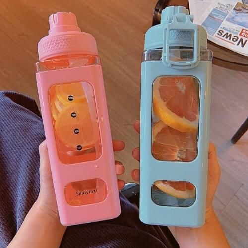 700ml Creative-square water bottle with straws girl heart kawaii plastic cups milk tea drink bottle gym portable sport bottle