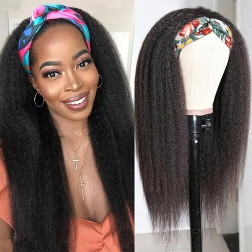 Kinky Straight Human Hair Headband Wig for Black Women Full Machine Made Wig Gluless 150% Density Brazilian Human Hair Wigs