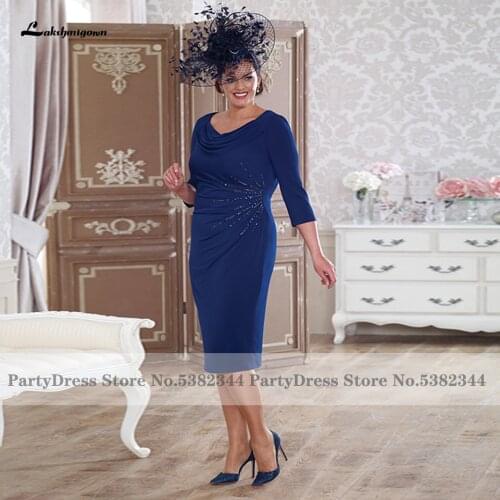 Lakshmigown Plus Size Women Wedding Party Dress 2021 Navy Blue Satin Beaded Mother of the Bridal Dress Knee Length