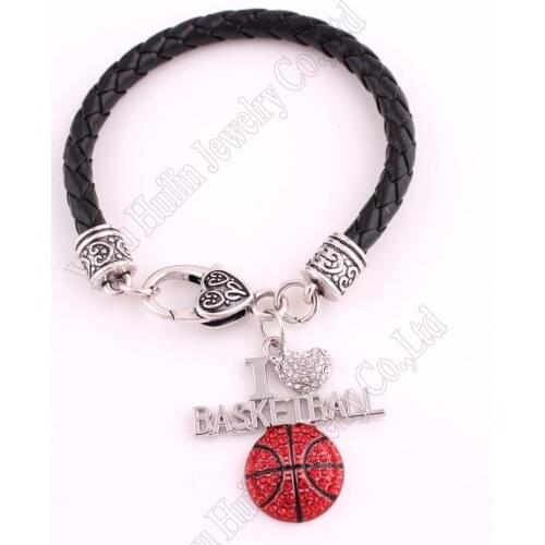Fans Favorite Sports Jewelry Drop Shipping 1.3"*1.3" inches I Love Basketball 2D Pendant leather Chain Lobster Claw Bracelets