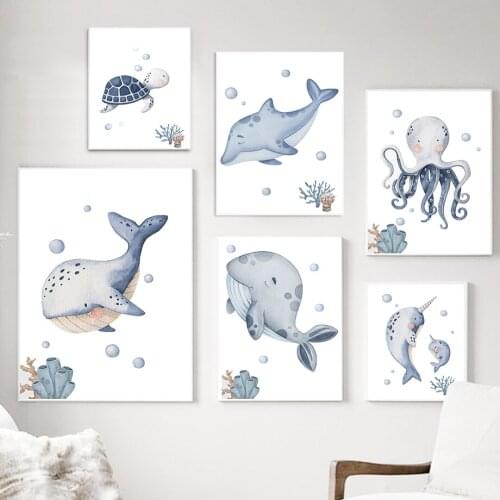 Marine Turtle Whale Narwhal Octopus Nursery Wall Art Canvas Painting Nordic Posters And Prints Wall Pictures Boy Kids Room Decor