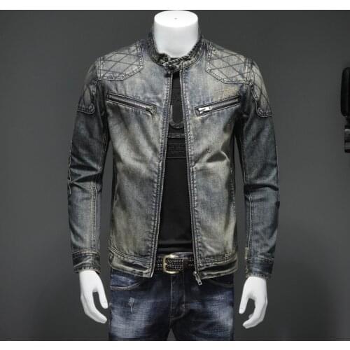 Mens Blue Denim Vintage Classic Biker Motorcycle Jacket Stand Collar Retro Slim Fit Distressed Racer Jeans Coat Drop Shipping