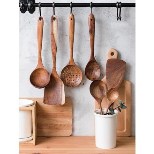 Kitchen Cooking Utensils Set Japanese Style Reusable Heat Scratch Resistant Non-Stick Wooden Utensils Set Soup Spoon Spatula