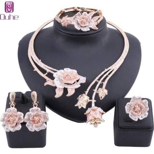 Women Dubai Gold Color Statement Flower Crystal Wedding Accessories Necklace Earring Ring Bangle Jewelry Set