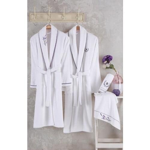 Nakkısh Embroideried Cotton 4 Piece Bathrobes SET-Lavender MEN WOMEN SET FAMILY COMBINED SOFT TEXTURED DESIGN WHITE BATH TURKISH QUALITY