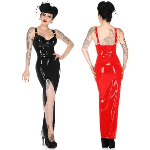New Sexy Lingerie PVC Faux Leather Gothic Fetish Hen Club Splited Long Dress Plus Size S--6XL GL888