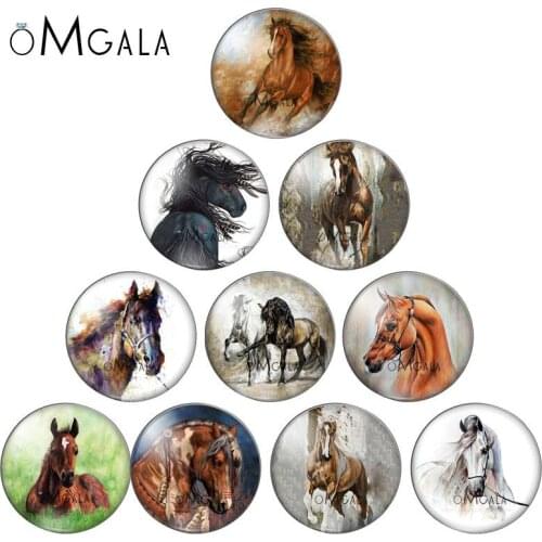New Horse Art Paintings 10pcs/lot Mixed 10mm/12mm/16mm/18mm/25mm Round Photo Glass Cabochon Demo Flat Back Making Findings
