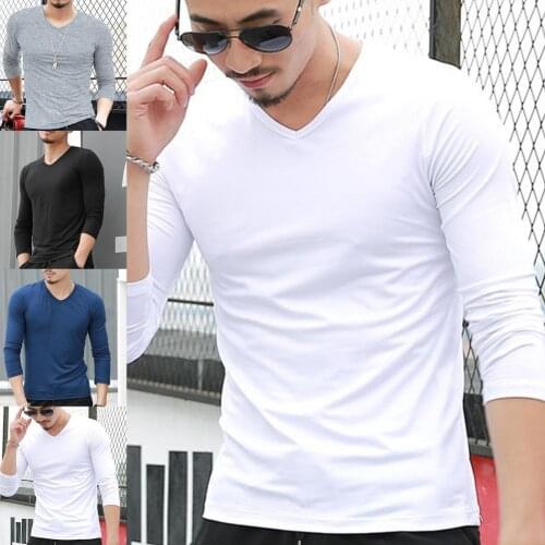 Solid Color Soft Comfortable Long Sleeve Men T-shirt Shrink-resistant Solid Color V Neck Bottoming Shirt Pullover Top for Autumn
