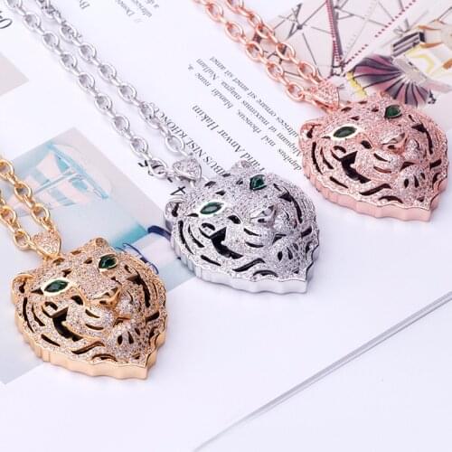Rock Tigher Head Charm Necklace Panther Animal 70cm Long Chain Full AAA Zircon Statement Jewelry for Men Women Party Show Hiphot