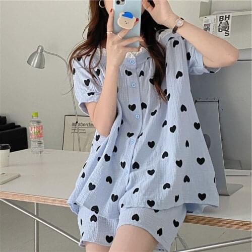 Pajamas Women Japan South Korea Summer New Skin Friendly Cotton Yarn Short Sleeve Cardigan Sweet Love Home Wear Sleepwear