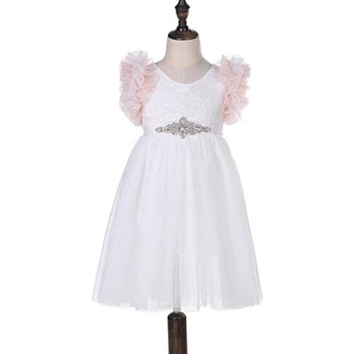2019 Girls Rulles Sleeves Dress Puffy Tulle Cute Girls Dress Fluffy Belt Princess Dress Party Show Dress