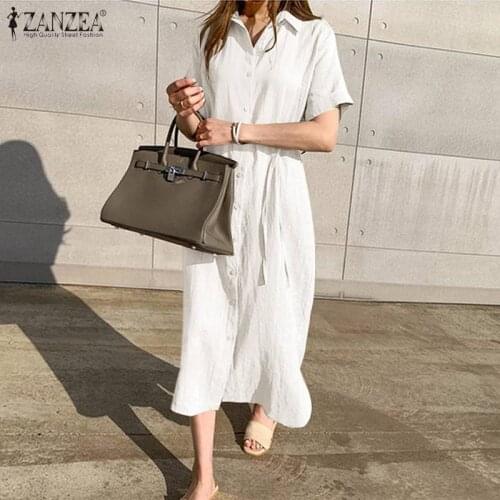 ZANZEA 2021 Stylish Solid Shirt Dress Womens Summer Sundress Casual Short Sleeve Maxi Vestidos Female Lapel Button Robe Femme