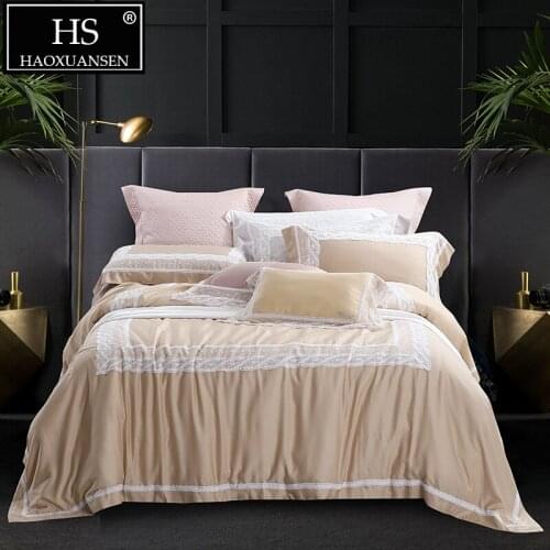 Luxury Queen King Size Camel 4 Piece Bedding Sets Lace Design Princess 100% Tencel Lyocell Double Bedding Super Soft Breathable
