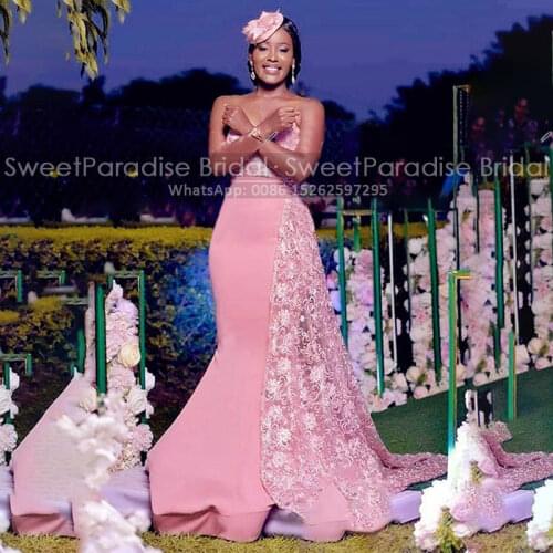 2021 Mermaid Pink Lace Bridesmaid Dresses With Streamer Sweetheart African Women Overskirt Wedding Party Dress Prom Vestidos