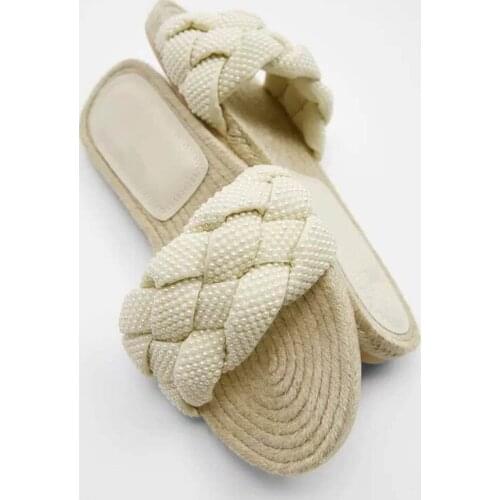 New woven womens sandals artificial pearl flat womens slippers comfort womens home slippers chaussures femme