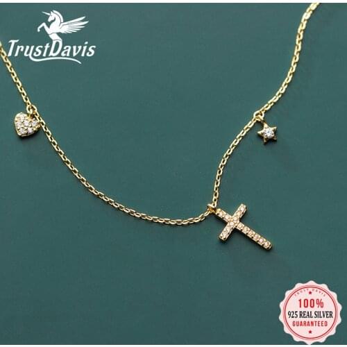 Trusta Womens Fashion 100% 925 Sterling Silver Dazzling CZ Cross Heart Star Pendant Short Necklace For Women Girls Gift DS2485
