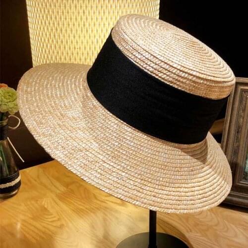 New Classical Ribbon Women Wheat Straw Hats 12cm Wide Brim Summer Fedora Beach Hat Ladies Floppy Kentucky Derby Sun Cap UPF50