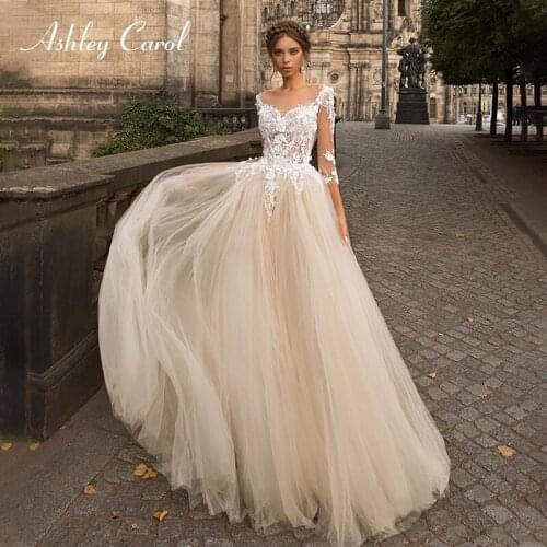 Ashley Carol A-Line Wedding Dress 2021 Charming Sweetheart Appliques Bride Long Sleeve Button Shining Tulle Beach Bridal Gown