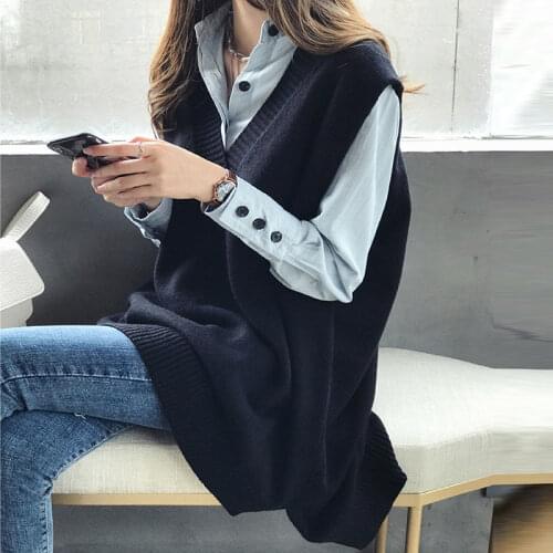 Sleeveless sweater coat womens spring wear medium length loose V-neck top fat sister vest vest vest