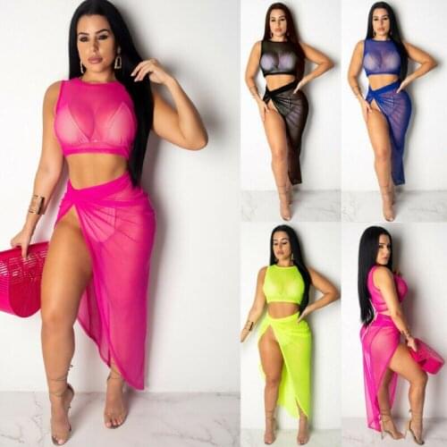 2 PCS/Set Women Sleeveless See Through Slim Crop Top+High Waist Skinny Wrap Split Skirt Beach Bathing Sexy Bikini Cover Ups