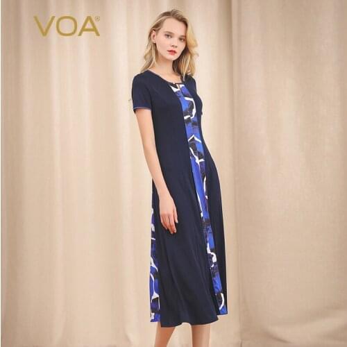 VOA Waxy Soft Navy Blue Heavy Double-Sided Silk Knitted Blue Printed Stitching Trapezoidal Neck Hollow Slim Dress A10608