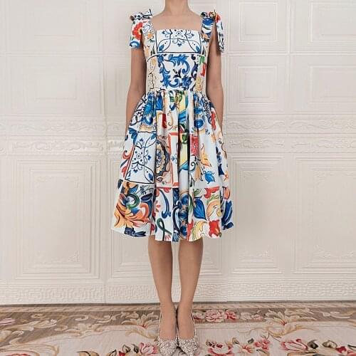 High-Quality Designer Summer New WomenS Fashion Party Leisure Beach Vintage Chic Flower Plant Print Streamer Sling Dress