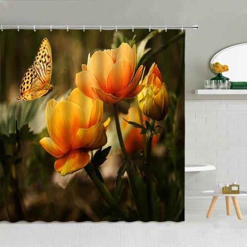 3D Yellow Flower Butterfly Shower Curtain Rose Fabric High Quality Bathroom Supplies Decor With Hooks Cloth Curtains Washable